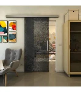 Glasschiebetür SLIM-LINE - Fineprint Model 036 Schwarz auf Grauglas