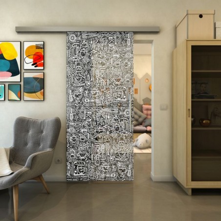 Glasschiebetür SLIM-LINE - Fineprint Model 036 Weiss auf Grauglas