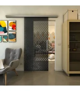 Glasschiebetür SLIM-LINE - Fineprint Model 038 Schwarz auf Grauglas