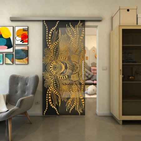 Glasschiebetür SLIM-LINE - Fineprint Model 039 Gold auf Grauglas
