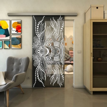 Glasschiebetür SLIM-LINE - Fineprint Model 039 Weiss auf Grauglas