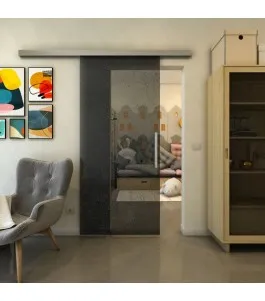 Glasschiebetür SLIM-LINE - Fineprint Model 047 Schwarz auf Grauglas
