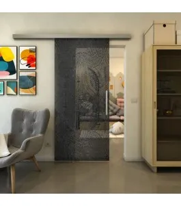 Glasschiebetür SLIM-LINE - Fineprint Model 048 Schwarz auf Grauglas
