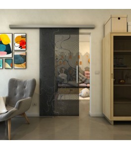 Glasschiebetür SLIM-LINE - Fineprint Model 049 Schwarz auf Grauglas