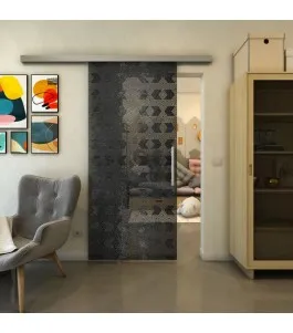 Glasschiebetür SLIM-LINE - Fineprint Model 053 Schwarz auf Grauglas