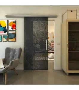 Glasschiebetür SLIM-LINE - Fineprint Model 055 Schwarz auf Grauglas