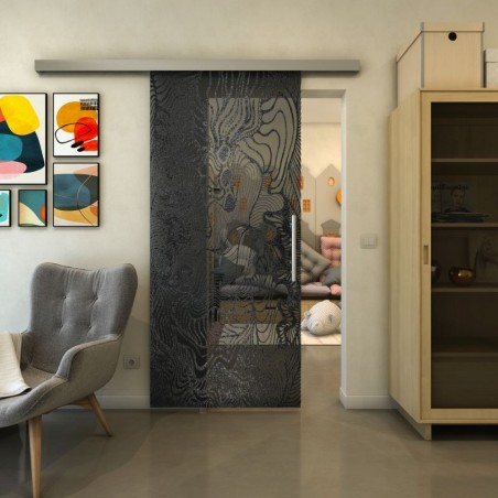 Glasschiebetür SLIM-LINE - Fineprint Model 056 Schwarz auf Grauglas