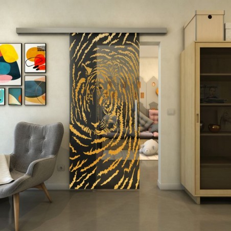 Glasschiebetür SLIM-LINE - Fineprint Model 057 Gold auf Grauglas
