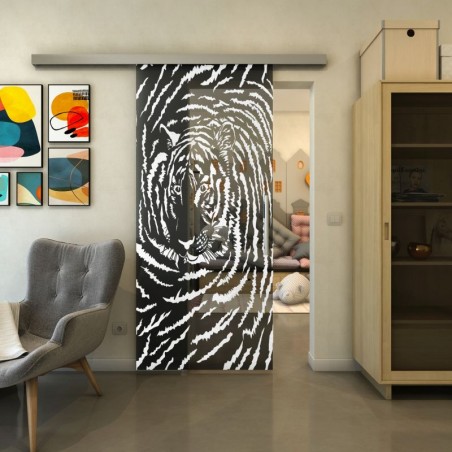 Glasschiebetür SLIM-LINE - Fineprint Model 057 Weiss auf Grauglas