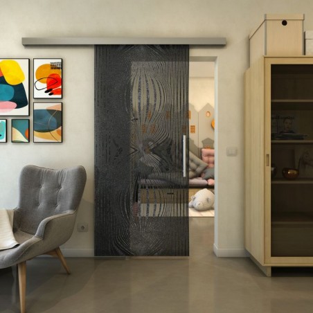 Glasschiebetür SLIM-LINE - Fineprint Model 058 Schwarz auf Grauglas