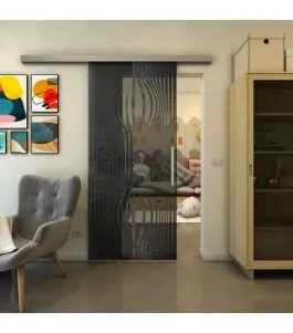 Glasschiebetür SLIM-LINE - Fineprint Model 059 Schwarz auf Grauglas