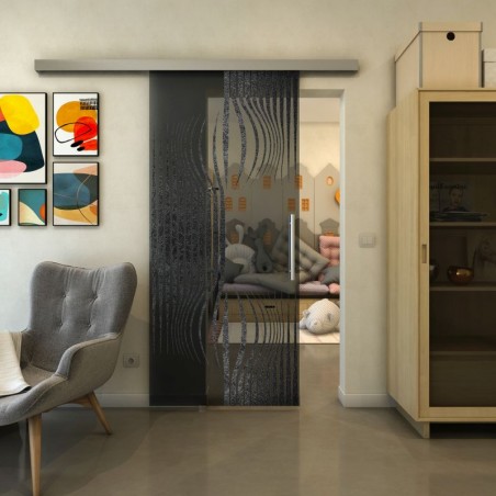 Glasschiebetür SLIM-LINE - Fineprint Model 059 Schwarz auf Grauglas