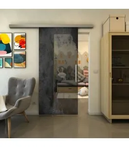 Glasschiebetür SLIM-LINE - Fineprint Model 061 Schwarz auf Grauglas