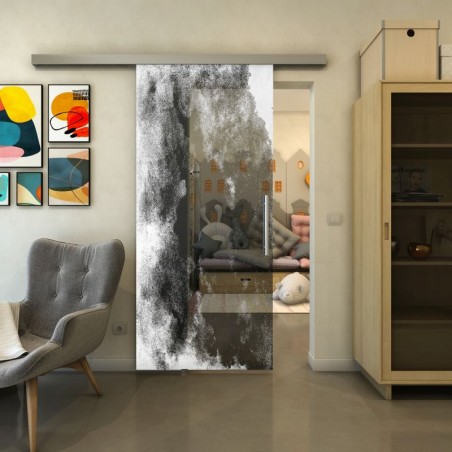 Glasschiebetür SLIM-LINE - Fineprint Model 061 Weiss auf Grauglas