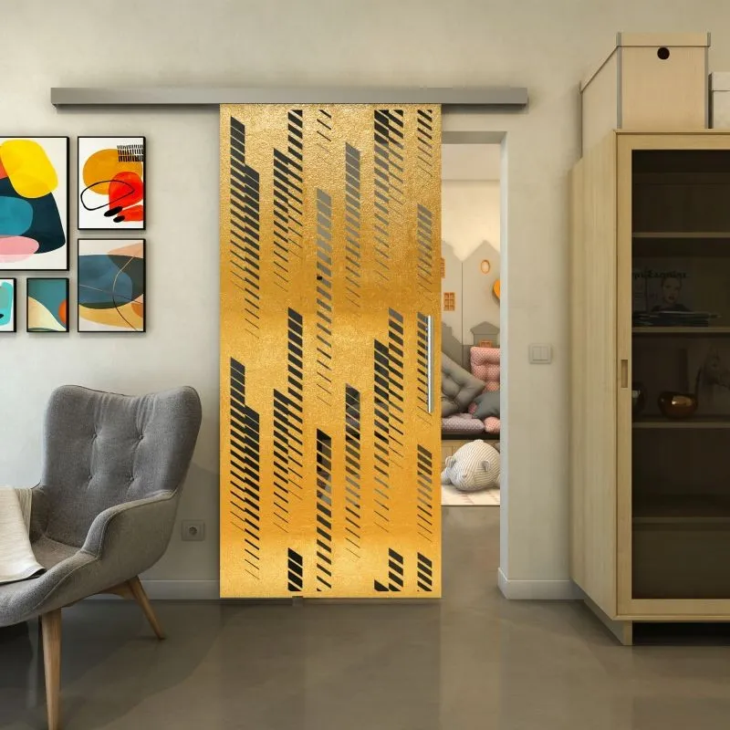 Glasschiebetür SLIM-LINE - Fineprint Modell 067 Gold auf Grauglas