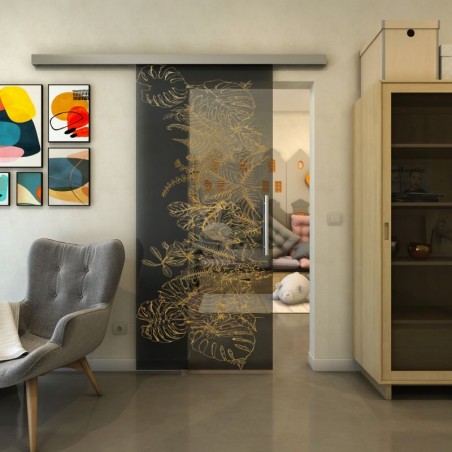 Glasschiebetür SLIM-LINE - Fineprint Model 082 Gold auf Grauglas