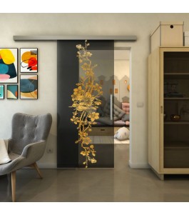 Glasschiebetür SLIM-LINE - Fineprint Model 085 Gold auf Grauglas
