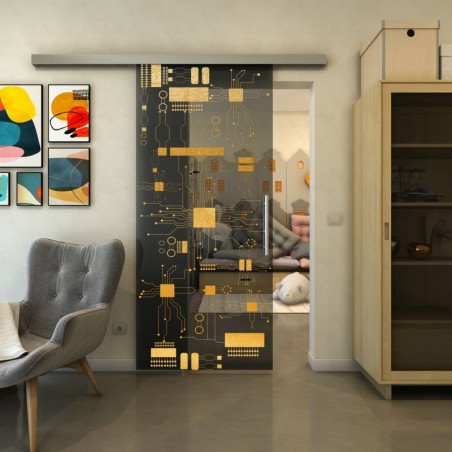 Glasschiebetür SLIM-LINE - Fineprint Model 092 Gold auf Grauglas
