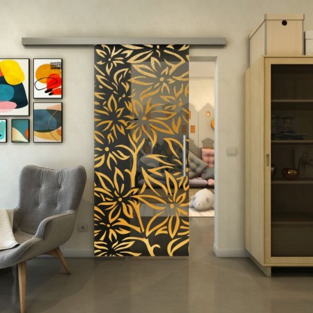Glasschiebetür SLIM-LINE - Fineprint Model 095 Gold auf Grauglas