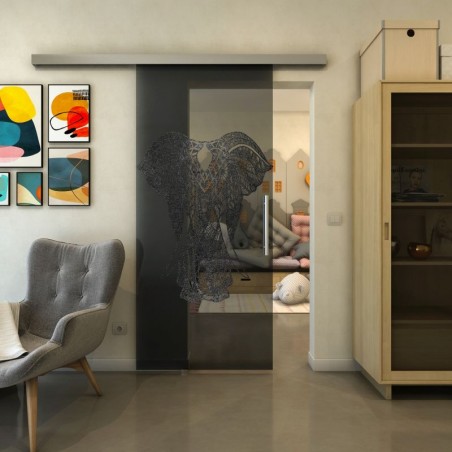 Glasschiebetür SLIM-LINE - Fineprint Model 098 Schwarz auf Grauglas
