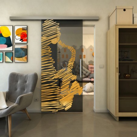 Glasschiebetür SLIM-LINE - Fineprint Model 106 Gold auf Grauglas