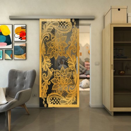 Glasschiebetür SLIM-LINE - Fineprint Model 108 Gold auf Grauglas