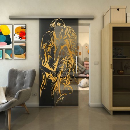 Glasschiebetür SLIM-LINE - Fineprint Model 116 Gold auf Grauglas