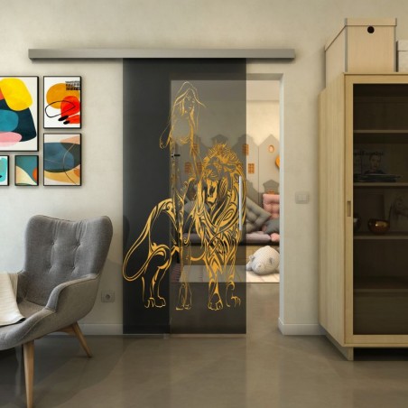 Glasschiebetür SLIM-LINE - Fineprint Model 117 Gold auf Grauglas
