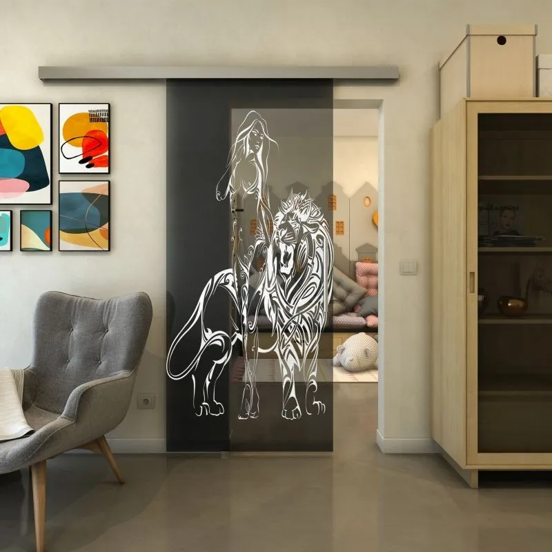 Glasschiebetür SLIM-LINE - Fineprint Modell 117 Weiss auf Grauglas