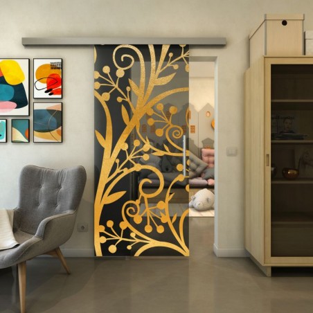 Glasschiebetür SLIM-LINE - Fineprint Model 146 Gold auf Grauglas