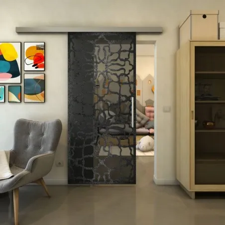 Glasschiebetür SLIM-LINE - Fineprint Model 150 Schwarz auf Grauglas