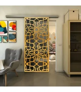 Glasschiebetür SLIM-LINE - Fineprint Model 150 Gold auf Grauglas