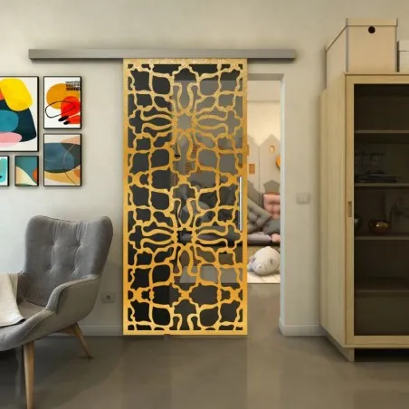 Glasschiebetür SLIM-LINE - Fineprint Model 150 Gold auf Grauglas