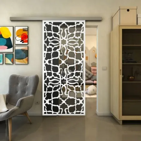 Glasschiebetür SLIM-LINE - Fineprint Model 150 Weiss auf Grauglas