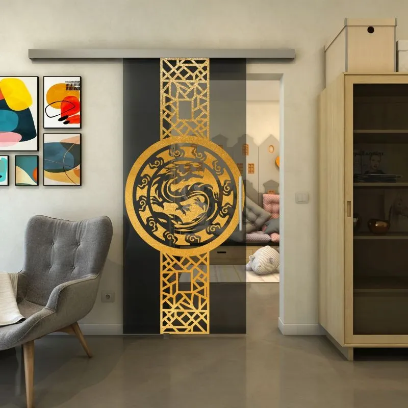 Glasschiebetür SLIM-LINE - Fineprint Modell 151 Gold auf Grauglas