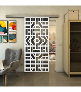 Glasschiebetür SLIM-LINE - Fineprint Model 152 Weiss auf Grauglas