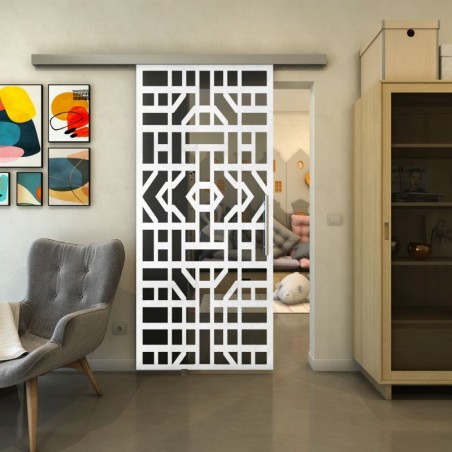 Glasschiebetür SLIM-LINE - Fineprint Model 152 Weiss auf Grauglas