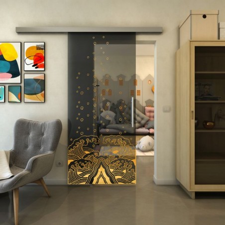 Glasschiebetür SLIM-LINE - Fineprint Model 155 Gold auf Grauglas
