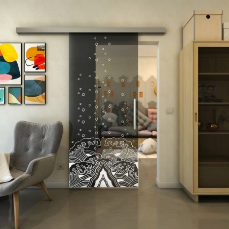 Glasschiebetür SLIM-LINE - Fineprint Model 155 Weiss auf Grauglas