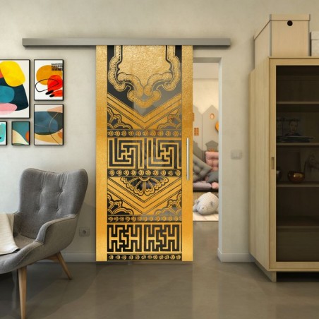 Glasschiebetür SLIM-LINE - Fineprint Model 156 Gold auf Grauglas