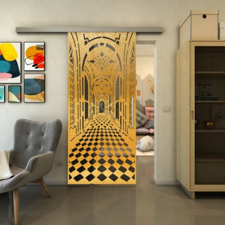 Glasschiebetür SLIM-LINE - Fineprint Model 181 Gold auf Grauglas