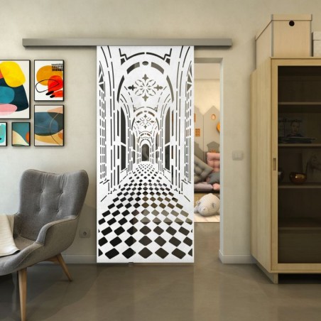 Glasschiebetür SLIM-LINE - Fineprint Model 181 Weiss auf Grauglas