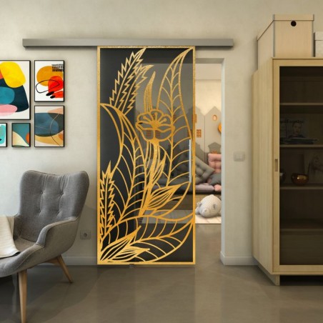 Glasschiebetür SLIM-LINE - Fineprint Model 195 Gold auf Grauglas
