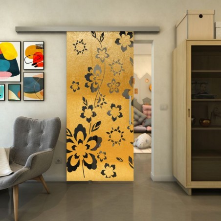 Glasschiebetür SLIM-LINE - Fineprint Model 199 Gold auf Grauglas