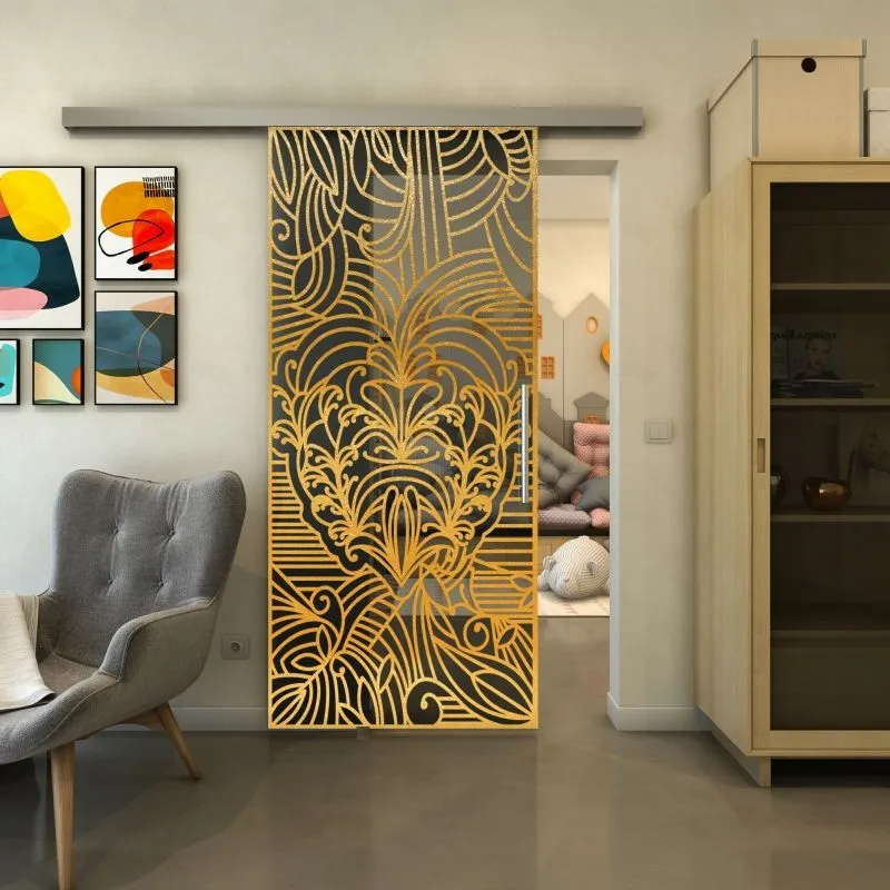 Glasschiebetür SLIM-LINE - Fineprint Modell 201 Gold auf Grauglas