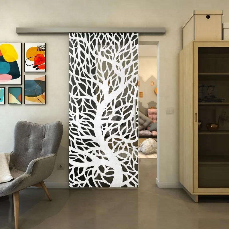 Glasschiebetür SLIM-LINE - Fineprint Modell 202 Weiss auf Grauglas