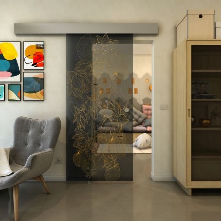 Glasschiebetür ECO-LINE - Fineprint Model 013 Gold auf Grauglas