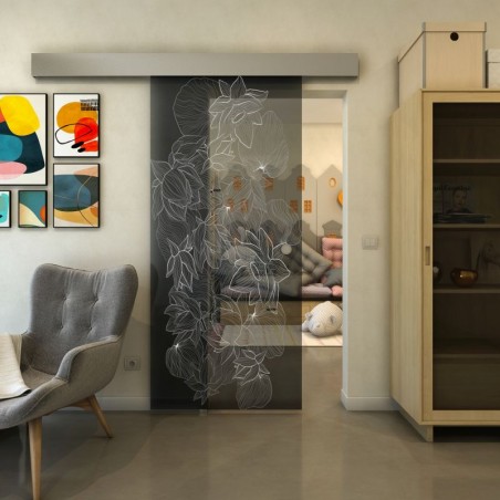 Glasschiebetür ECO-LINE - Fineprint Model 013 Weiss auf Grauglas