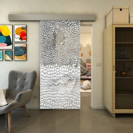 Glasschiebetür ECO-LINE - Fineprint Model 015 Weiss auf Grauglas