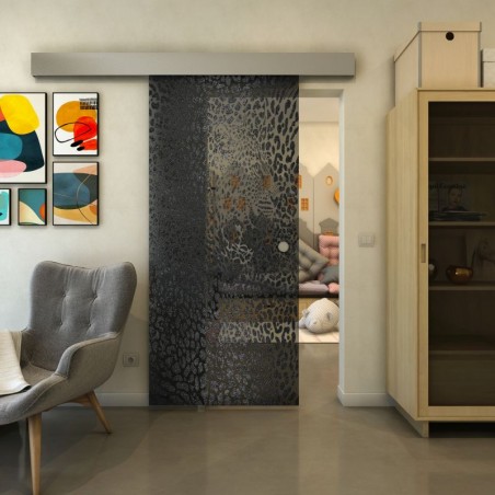 Glasschiebetür ECO-LINE - Fineprint Model 016 Schwarz auf Grauglas